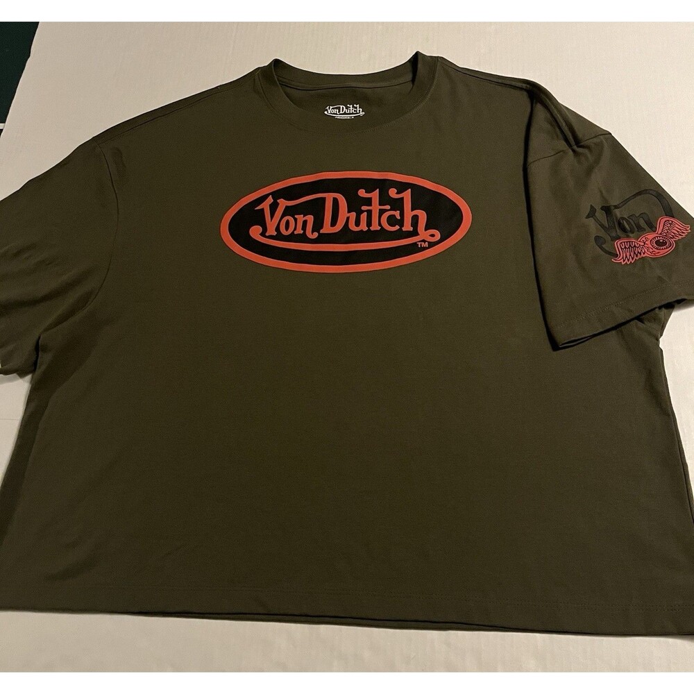 Von Dutch Originals NEW Oversized Cropped Men’s Olive Green T-Shirt LARGE Logo